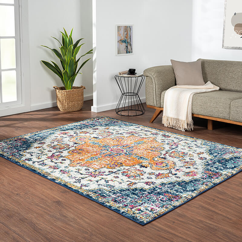 Boho Medallion Woven Polyester Area Rug in Blue and Orange