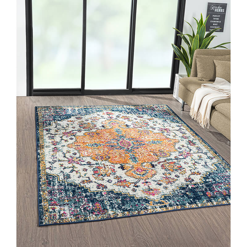 Boho Medallion Woven Polyester Area Rug in Blue and Orange