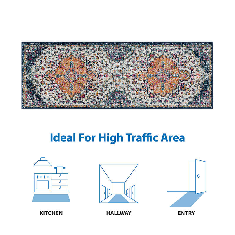 96" Boho Medallion Woven Polyester Runner Rug in Blue and Orange