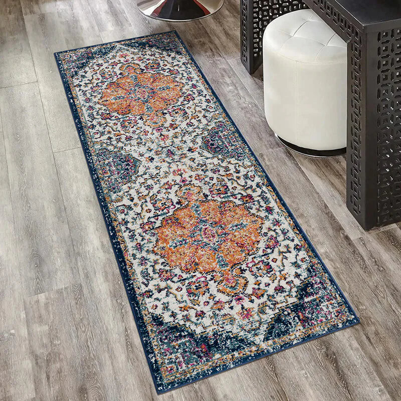 96" Boho Medallion Woven Polyester Runner Rug in Blue and Orange