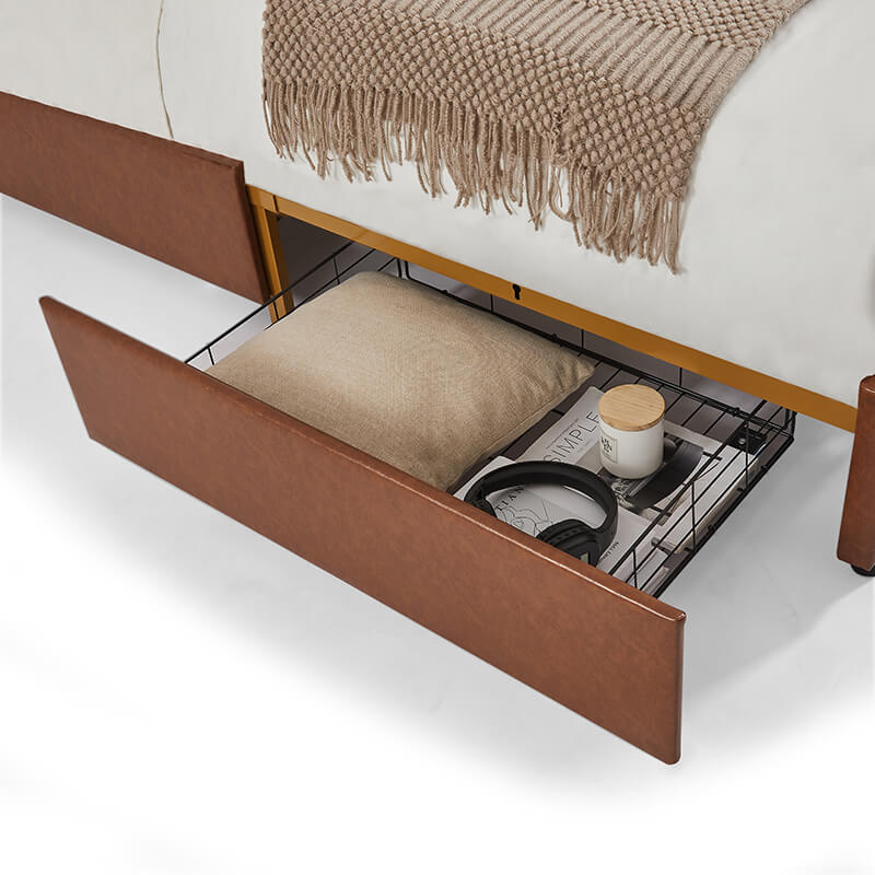 Queen Size Coffee Wood Storage Bed Frame with Slatted Headboard & 4 Drawers