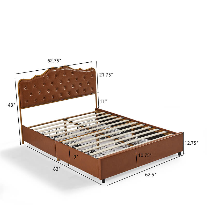 Queen Size Coffee Wood Storage Bed Frame with Slatted Headboard & 4 Drawers