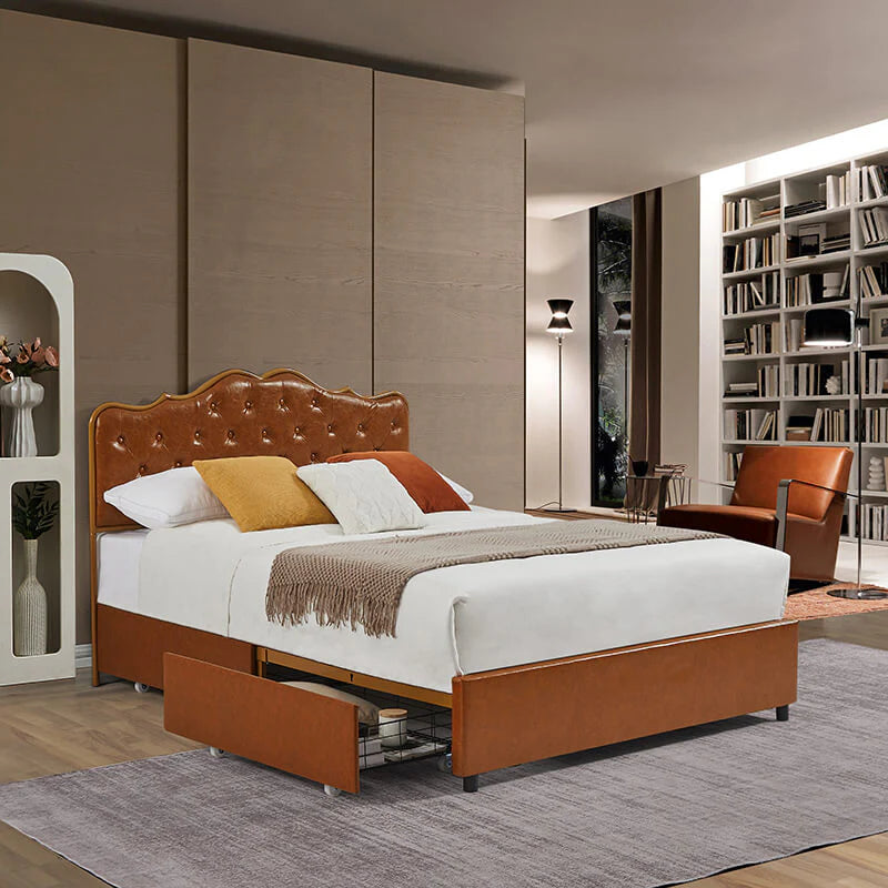 Queen Size Coffee Wood Storage Bed Frame with Slatted Headboard & 4 Drawers
