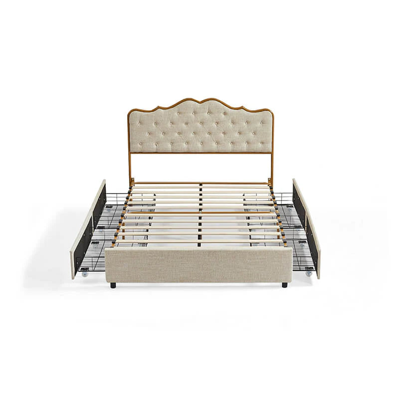 Queen Size Light Caramel Upholstered Storage Bed Frame with 4 Drawers