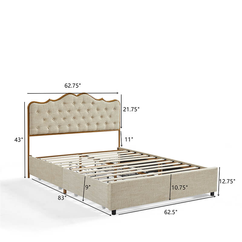 Queen Size Light Caramel Upholstered Storage Bed Frame with 4 Drawers