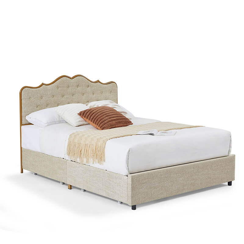 Queen Size Light Caramel Upholstered Storage Bed Frame with 4 Drawers