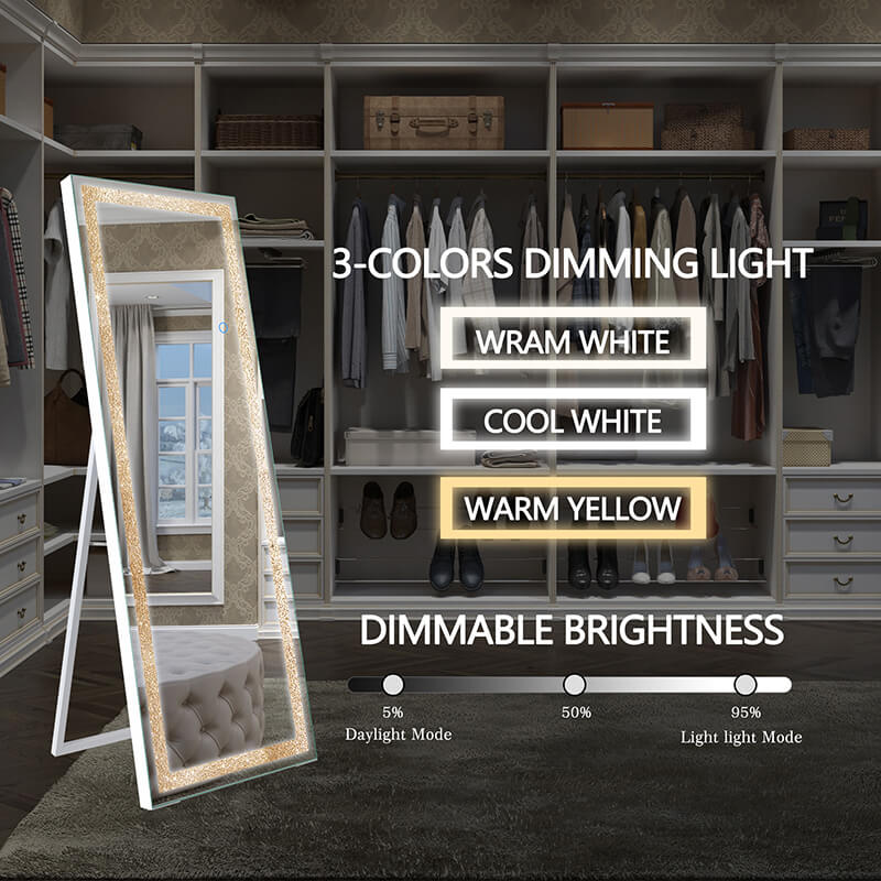 Modern White Full Length LED Floor Mirror with Built-In Lights
