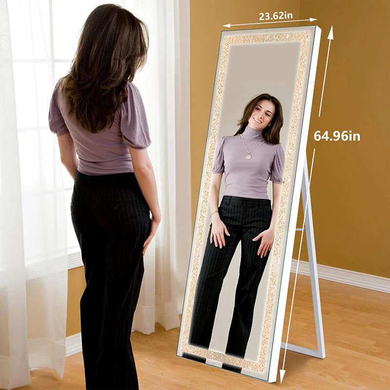 Modern White Full Length LED Floor Mirror with Built-In Lights