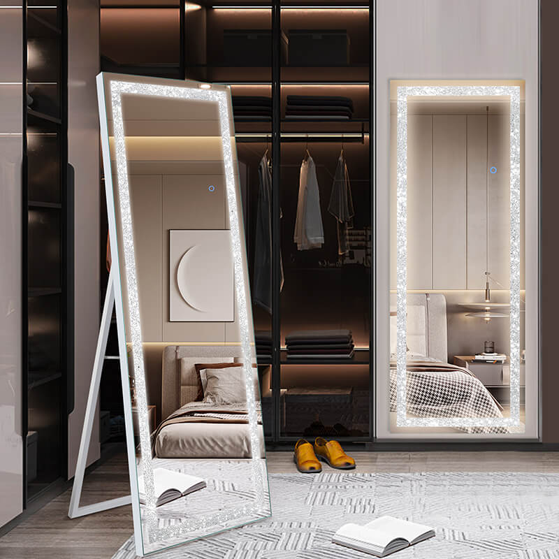 Modern White Full Length LED Floor Mirror with Built-In Lights