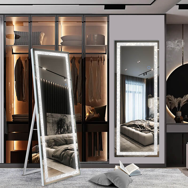 Modern White Full Length LED Floor Mirror with Built-In Lights