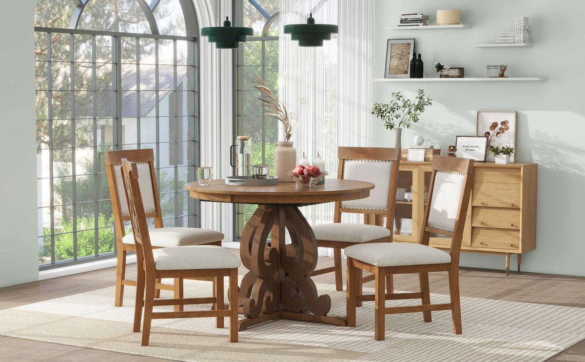Retro Extendable Dining Set with 4 Upholstered Chairs, Walnut - Elirian