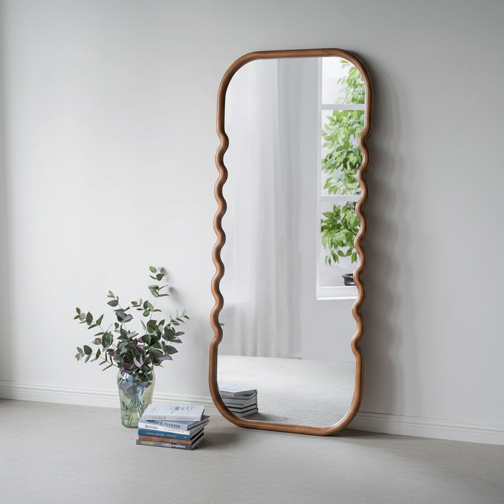 74" Brown Wood Wavy Full-Length Freestanding Floor Mirror