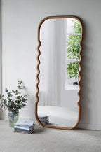 74" Brown Wood Wavy Full-Length Freestanding Floor Mirror