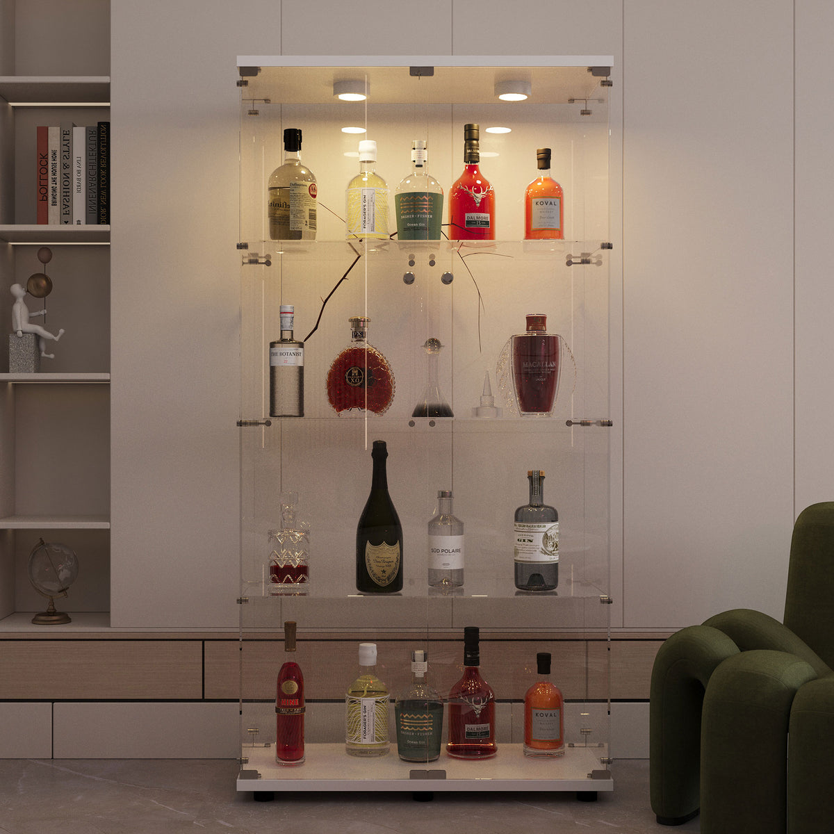 White tempered glass display cabinet with LED lighting, lockable doors, premium home decor - Elirian