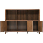 Walnut Fluted 3-Door Storage Cabinet with Open Display Shelves - Elirian