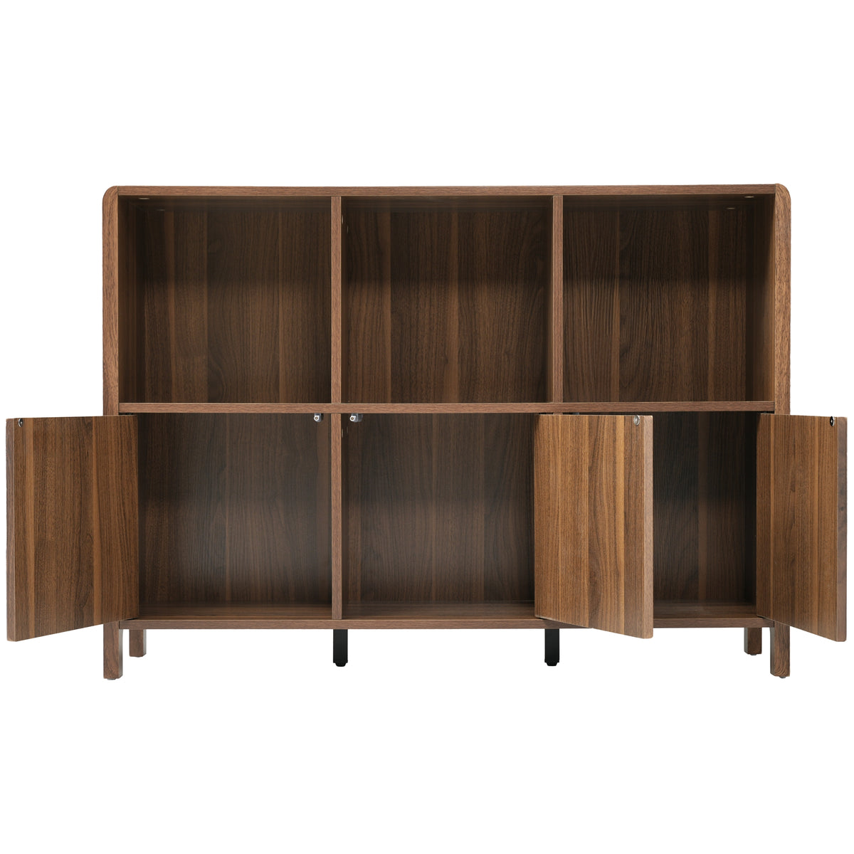 Walnut Fluted 3-Door Storage Cabinet with Open Display Shelves - Elirian
