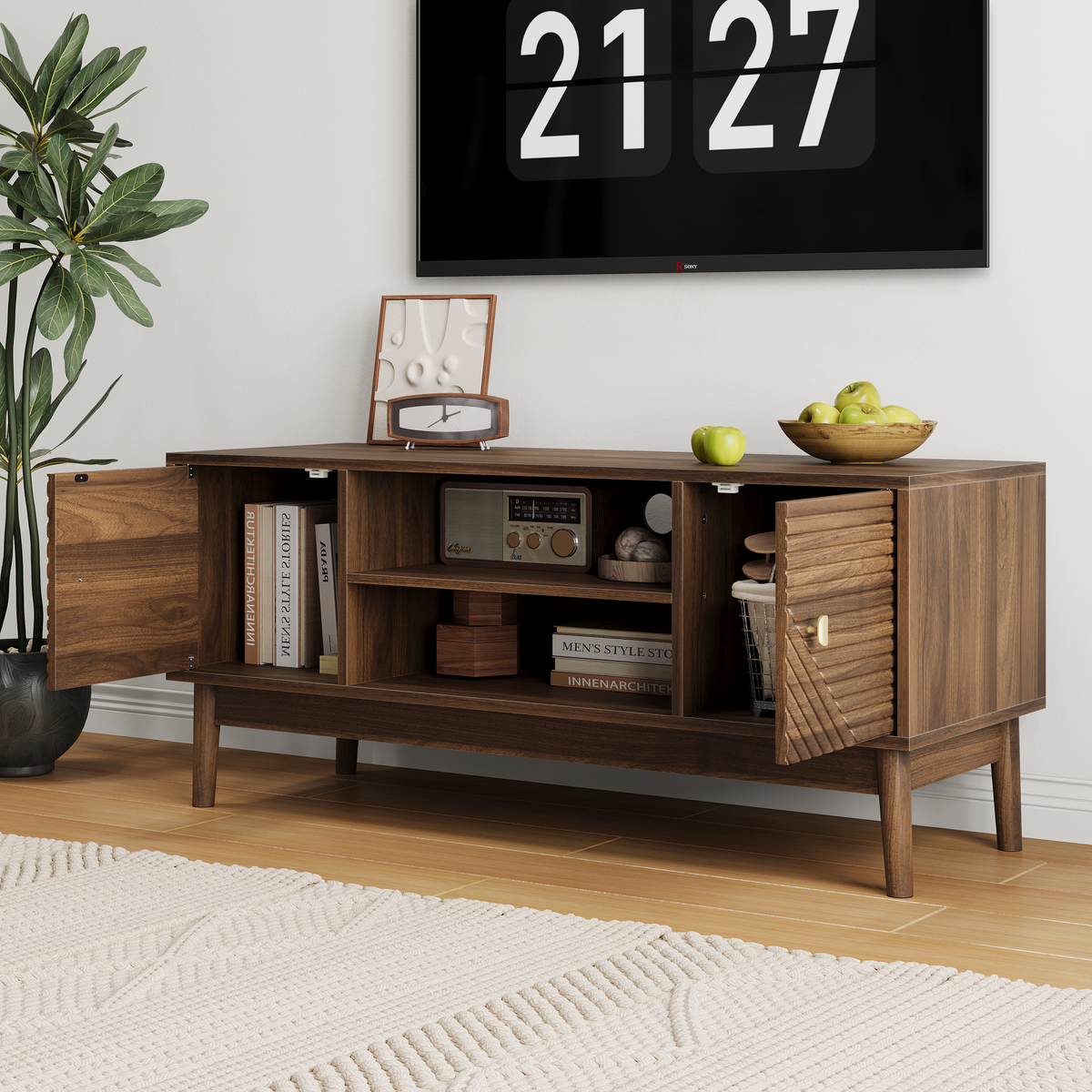 Mid-Century Walnut TV Stand with Grille Doors and Storage - Elirian