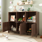 Walnut Fluted 3-Door Storage Cabinet with Open Display Shelves - Elirian