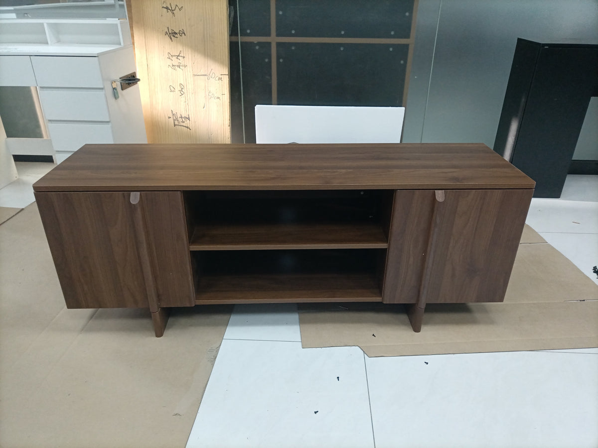Mid-Century Walnut TV Stand with Double Doors and Open Shelving - Elirian