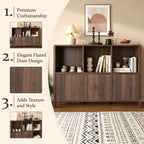 Walnut Fluted 3-Door Storage Cabinet with Open Display Shelves - Elirian
