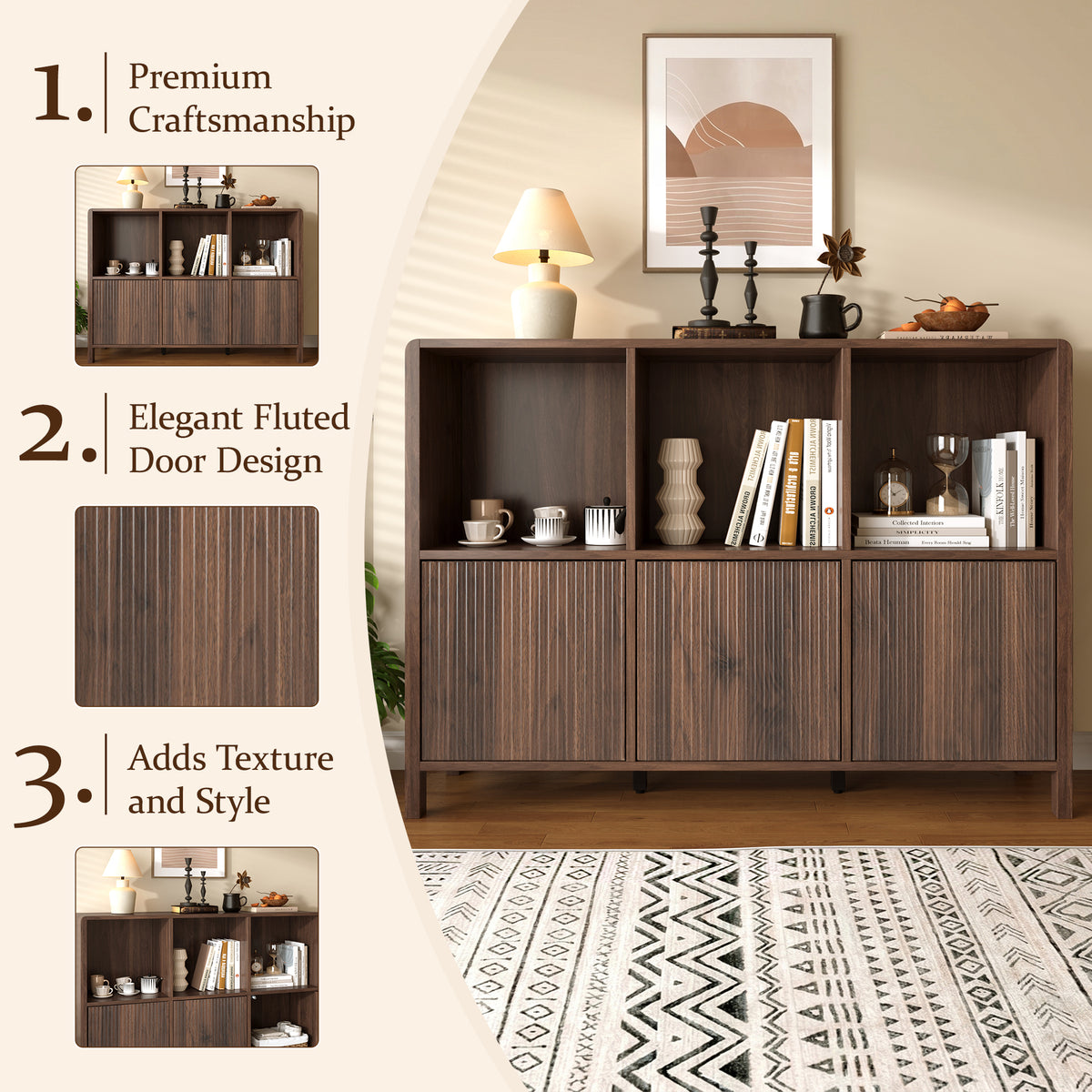 Walnut Fluted 3-Door Storage Cabinet with Open Display Shelves - Elirian