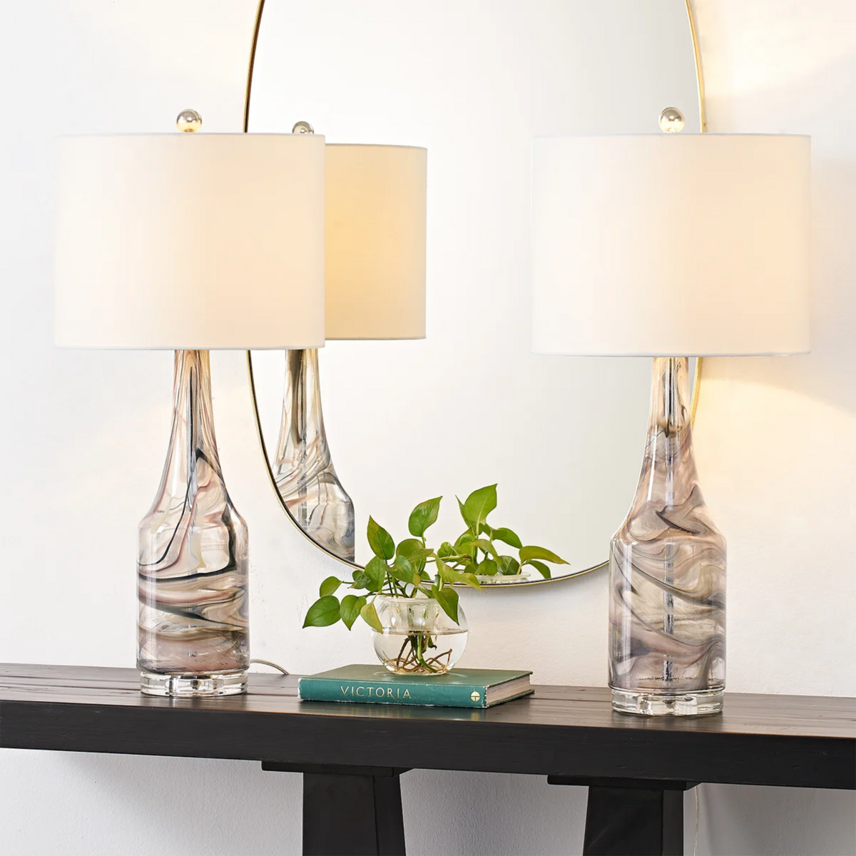 Grey Glass Table Lamp Set of 2 with Crystal Base and Linen Shade - Elirian