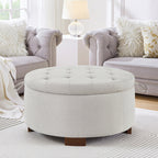 Round Bouclé Storage Ottoman with Reversible Tray Lid, Beige - Elirian