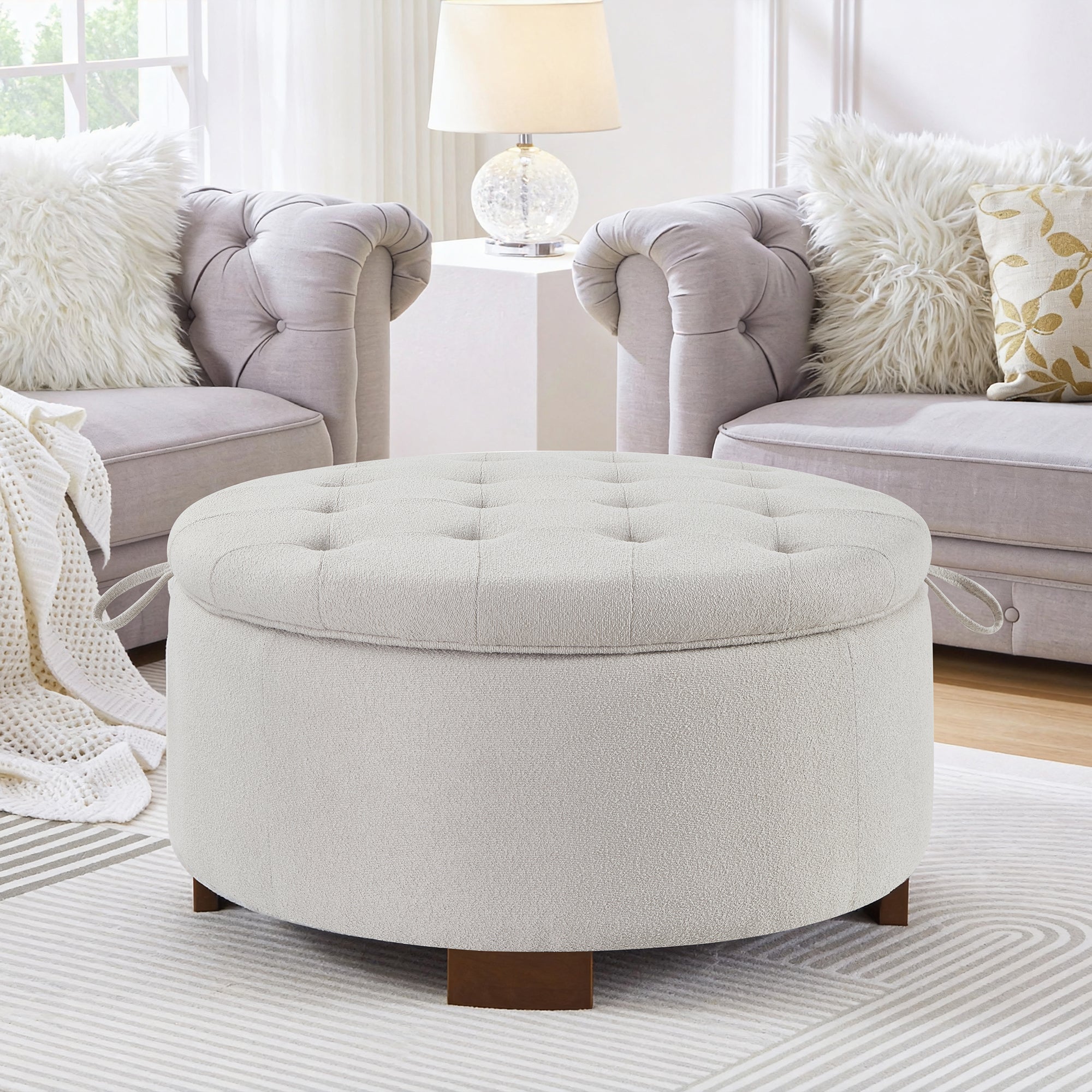 Round Bouclé Storage Ottoman with Reversible Tray Lid, Beige - Elirian