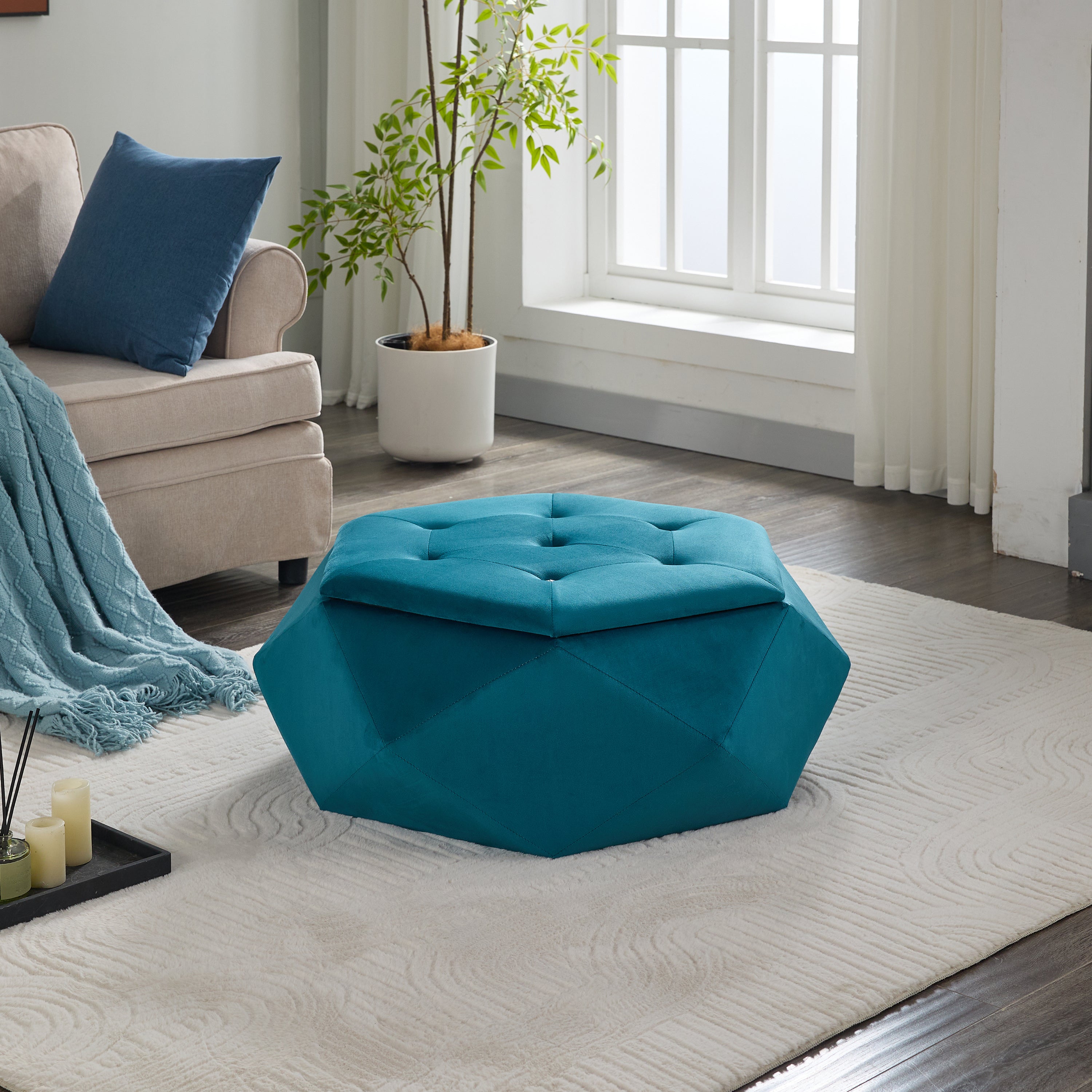 Velvet Diamond Tufted Storage Ottoman, Blue - Elirian
