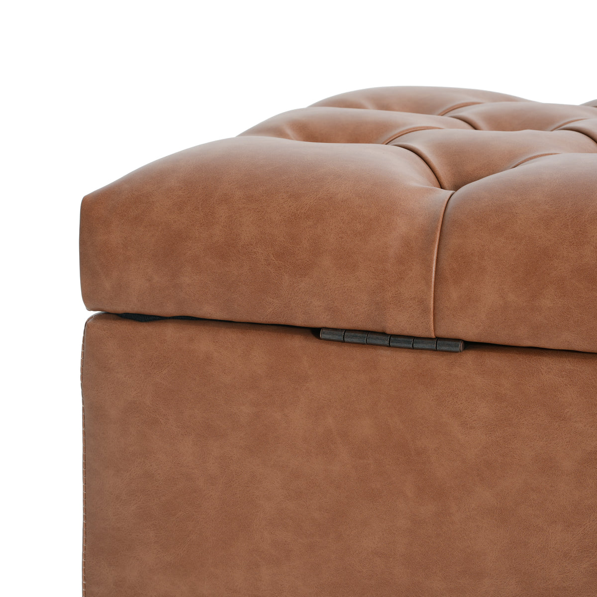 Cognac Brown Button Tufted Storage Ottoman in Faux Leather - Elirian