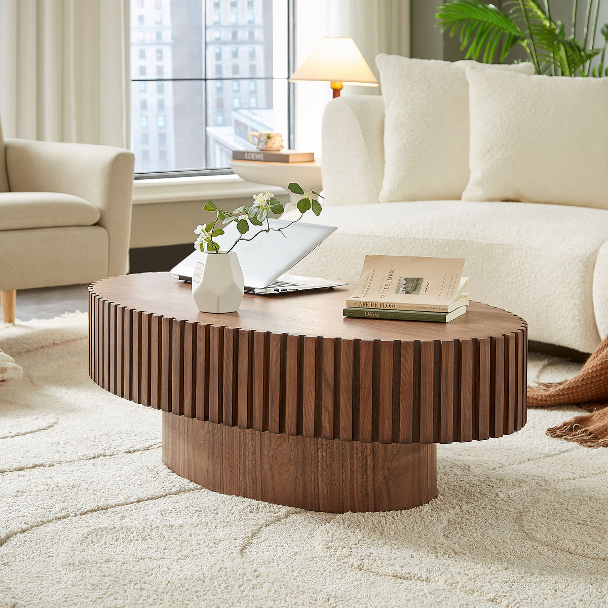 Handcrafted Oval Drum Coffee Table in Walnut - Elirian