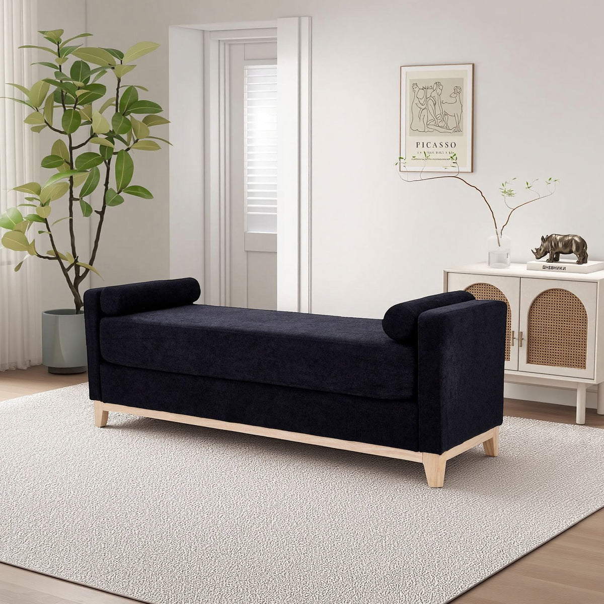Sherpa Fleece Upholstered Bench with Bolster Pillows, Black - Elirian