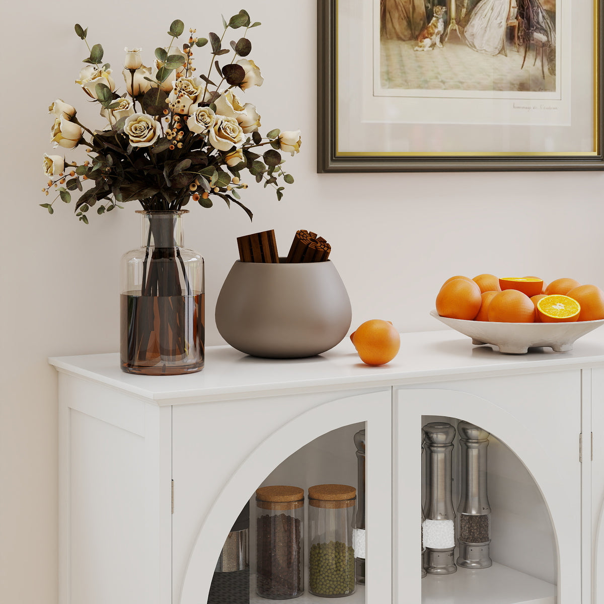 White Arched Glass Sideboard Buffet Cabinet with 2 Drawers and 4 Glass Doors - Elirian