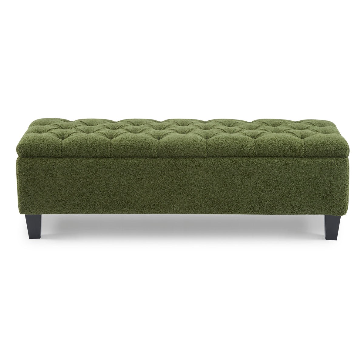 Green Bouclé Storage Ottoman Bench with Rubber Wood Legs - Elirian