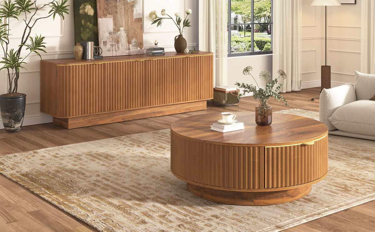 Fluted Coffee Table & TV Console Set in Warm Brown - Elirian