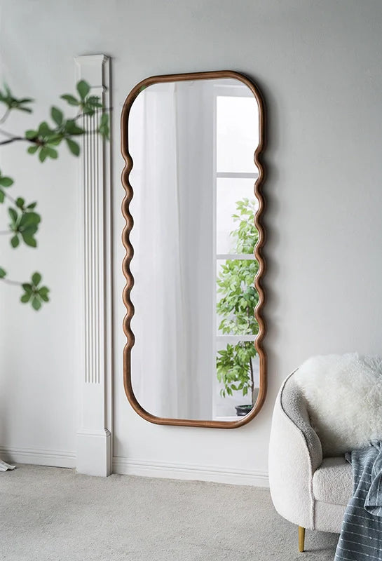 74" Brown Wood Wavy Full-Length Freestanding Floor Mirror