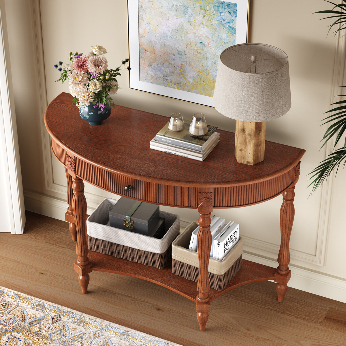 Solid Wood Half Moon Console Table with Drawer and Shelf, Fluted Front, Carved Roman Column Legs, Rustic Walnut - Elirian