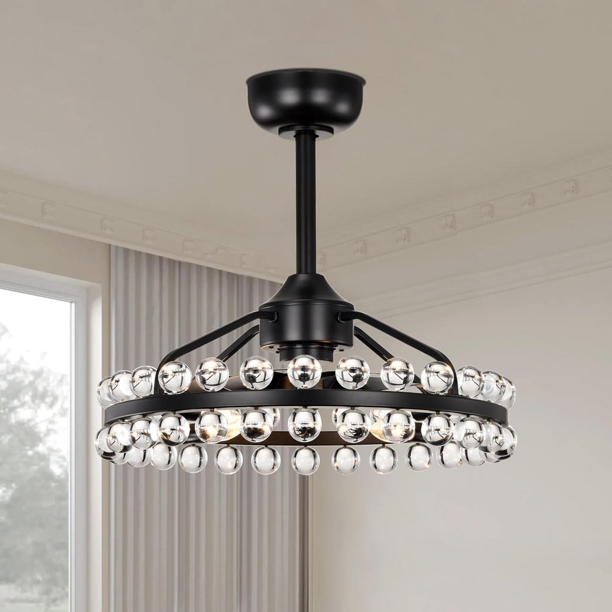 Black Crystal Caged Ceiling Fan with Light and Remote - Elirian