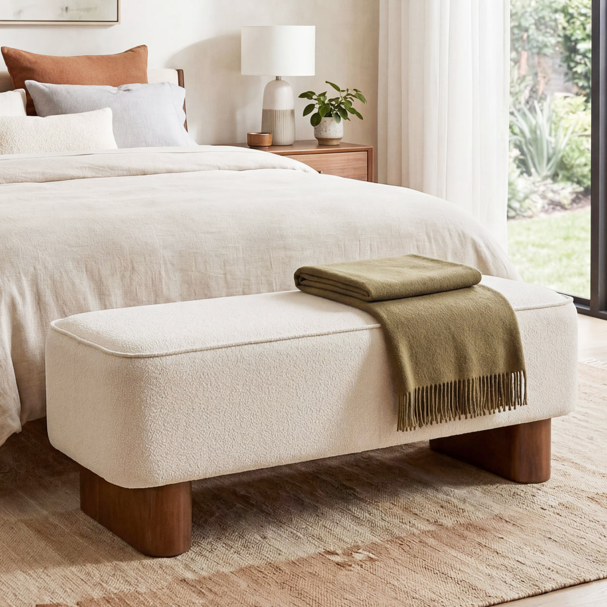 Padded Upholstered Ottoman Bench in Warm Beige with Rubberwood Legs - Elirian