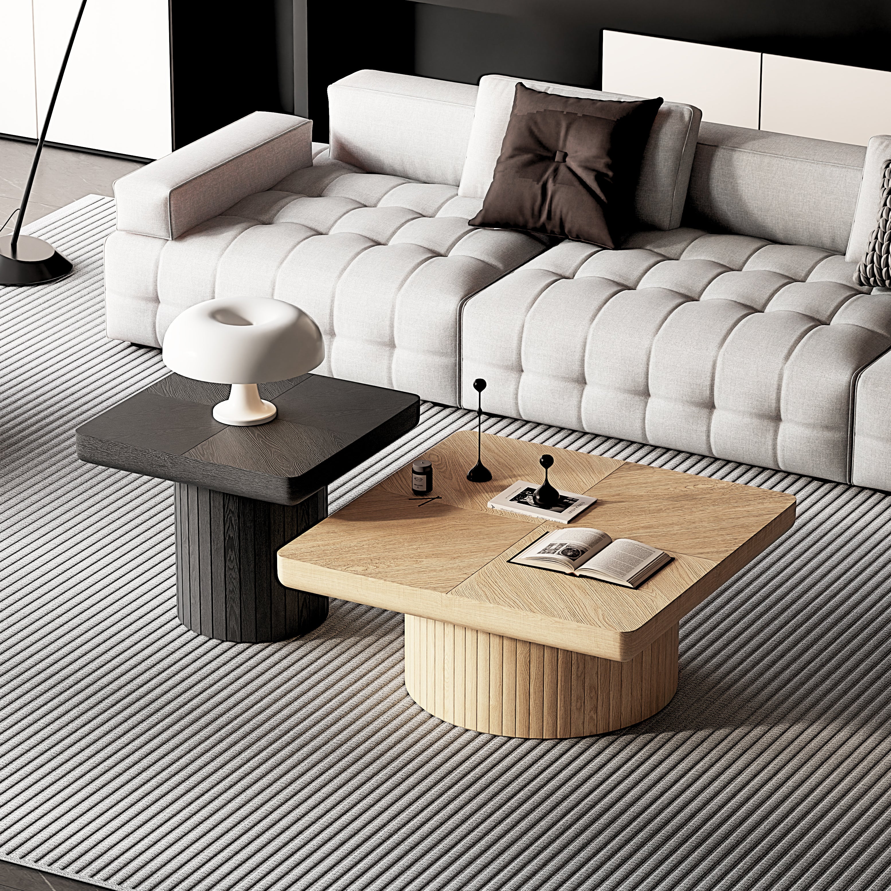 Nesting Coffee Table Set with Fluted Pedestal, Natural Wood & Black - Elirian