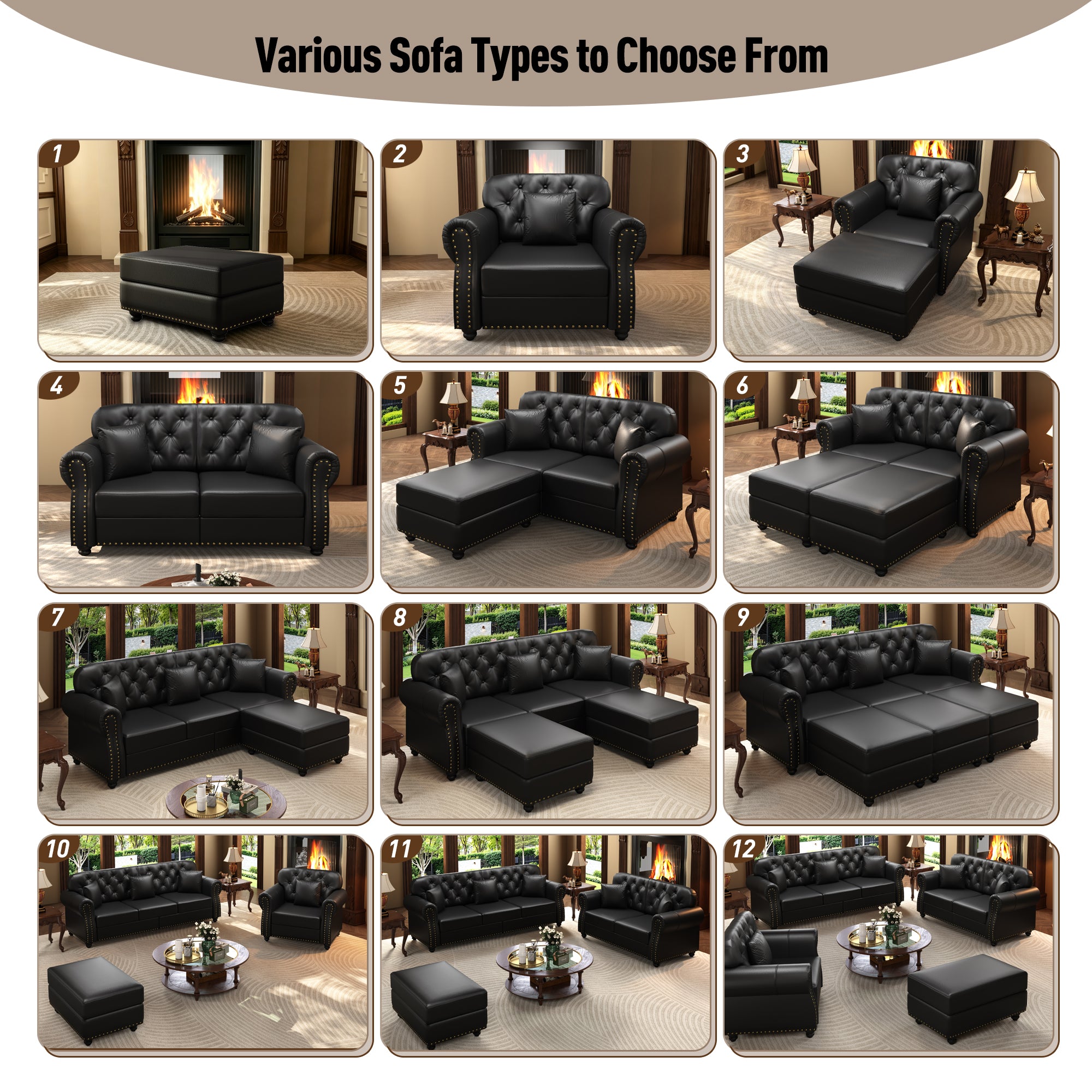 Faux Leather Modular Ottoman in Black - Elirian