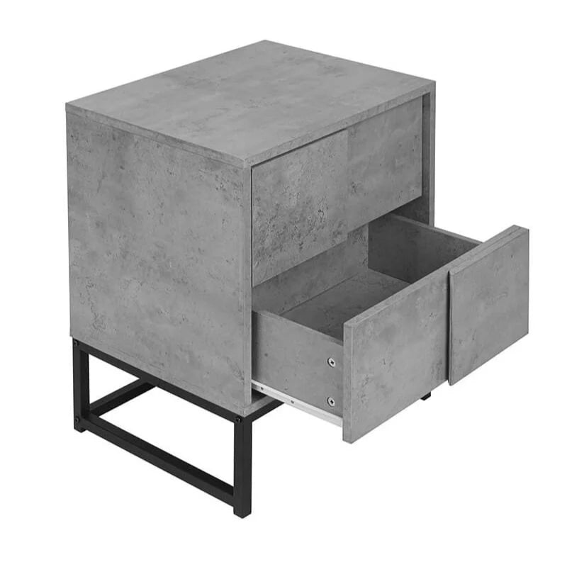 Cement Grey Geometric Nightstand with Two Drawers and Iron Frame
