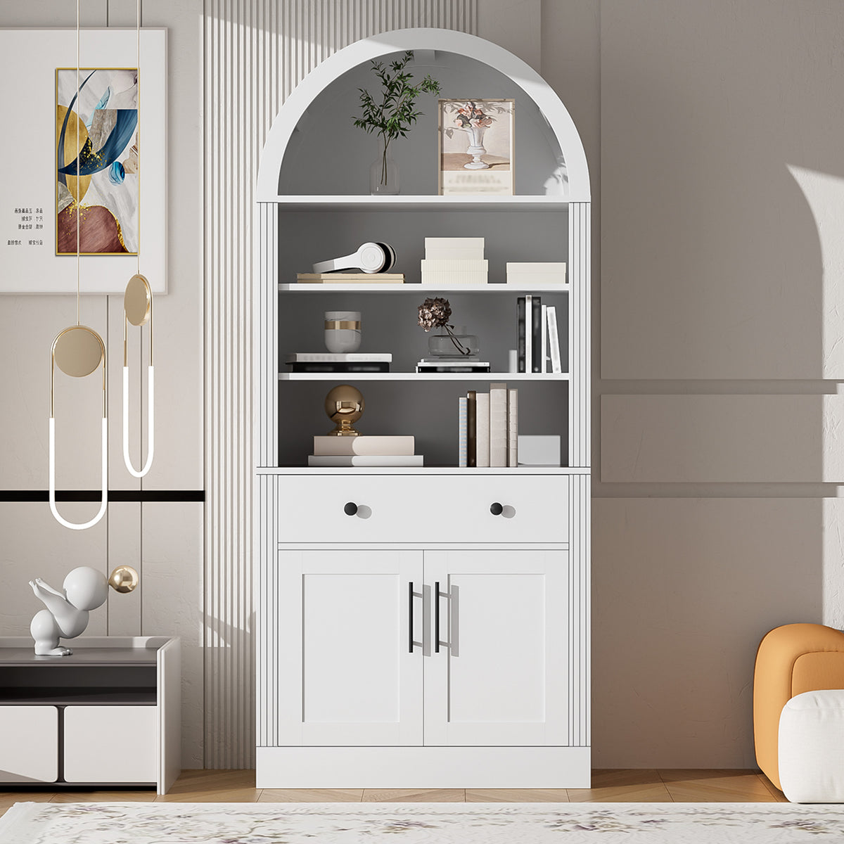 Arched White Bookshelf with Storage Cabinet and Adjustable Shelves - Elirian