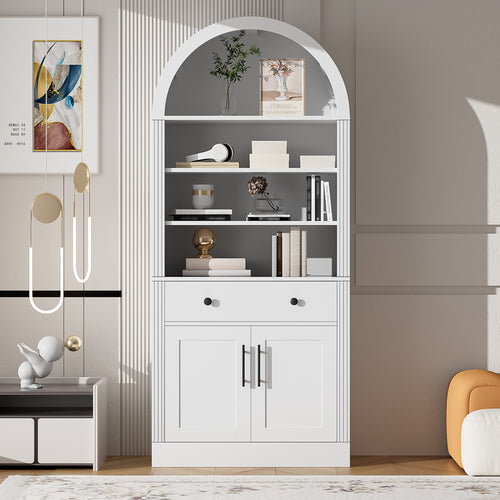 Arched White Bookshelf with Storage Cabinet and Adjustable Shelves - Elirian