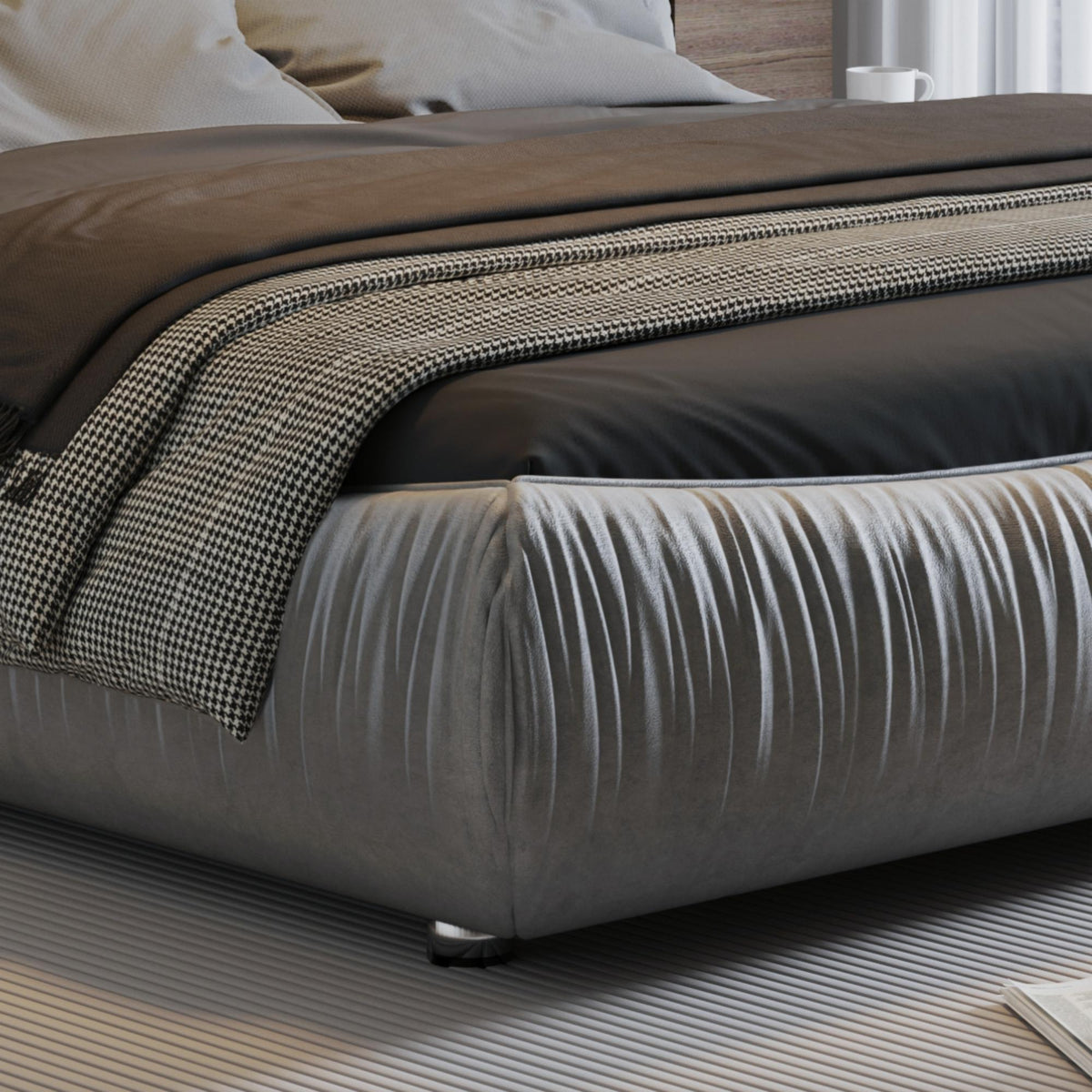 King Size Grey Upholstered Platform Bed with Oversized Padded Headboard - Elirian