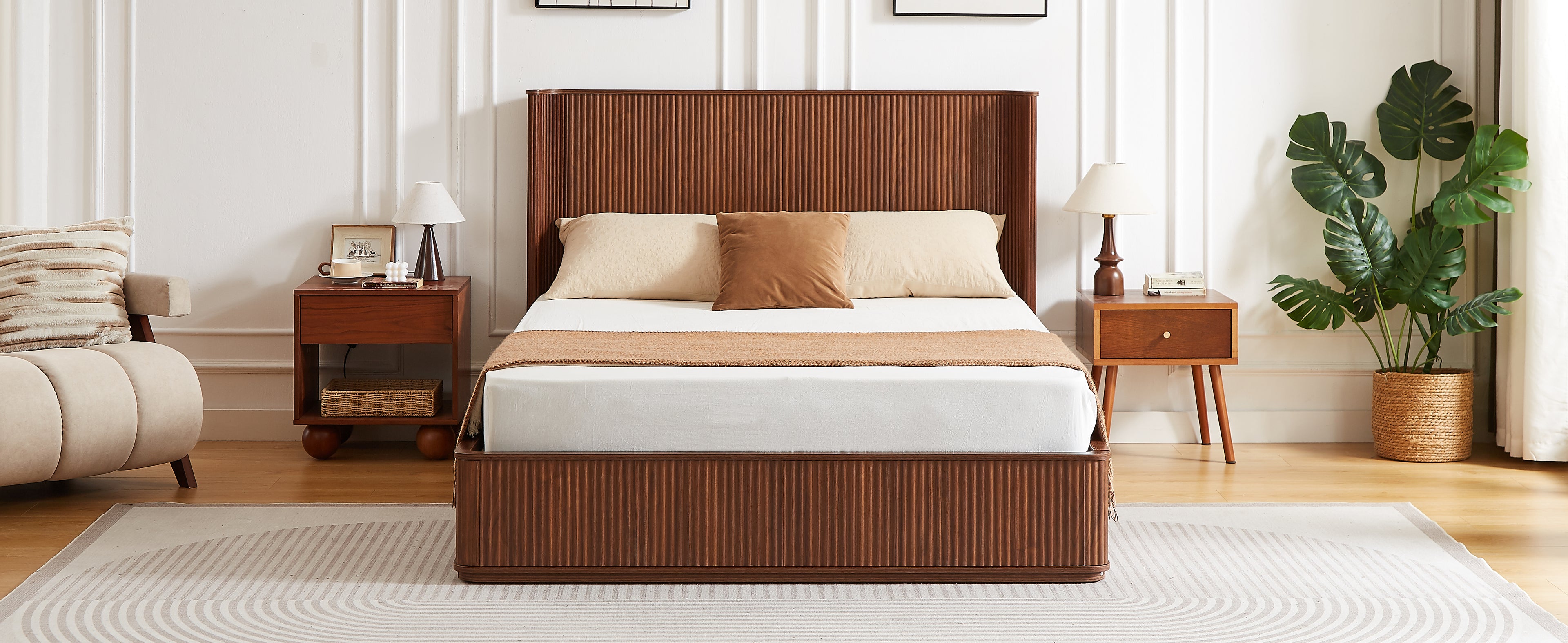 Fluted Walnut Wave Platform Bed Frame, Queen - Elirian