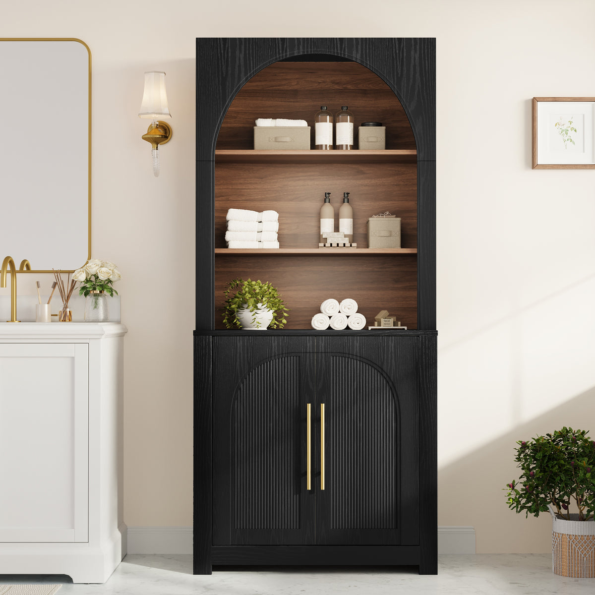 Black Arched Bookcase with Storage Cabinet and Open Display Shelves - Elirian