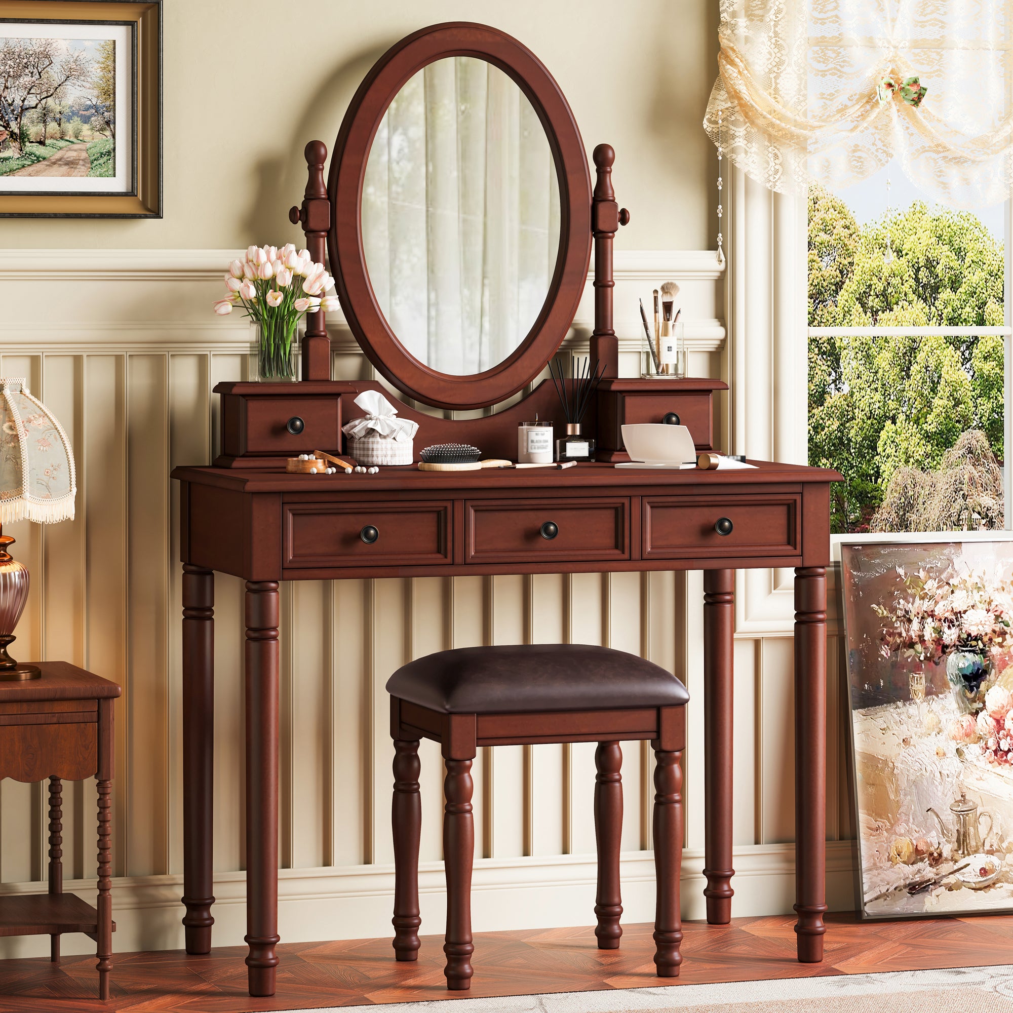 Vintage Walnut Vanity Desk Set with Adjustable Mirror & Velvet-Lined Drawers - Elirian