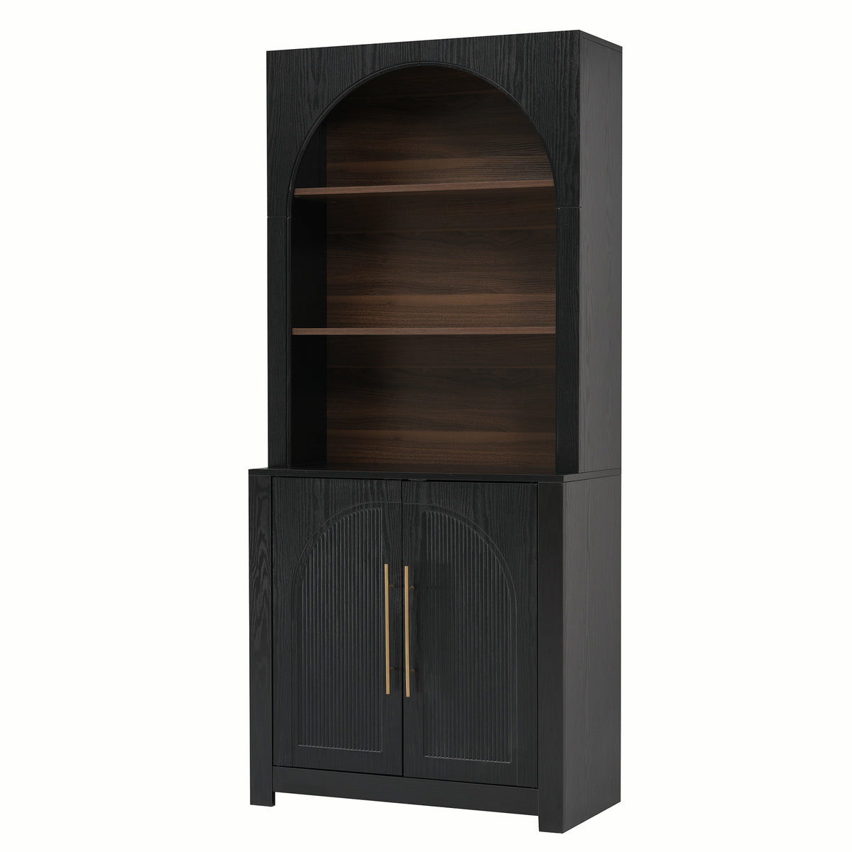 Black Arched Bookcase with Storage Cabinet and Open Display Shelves - Elirian