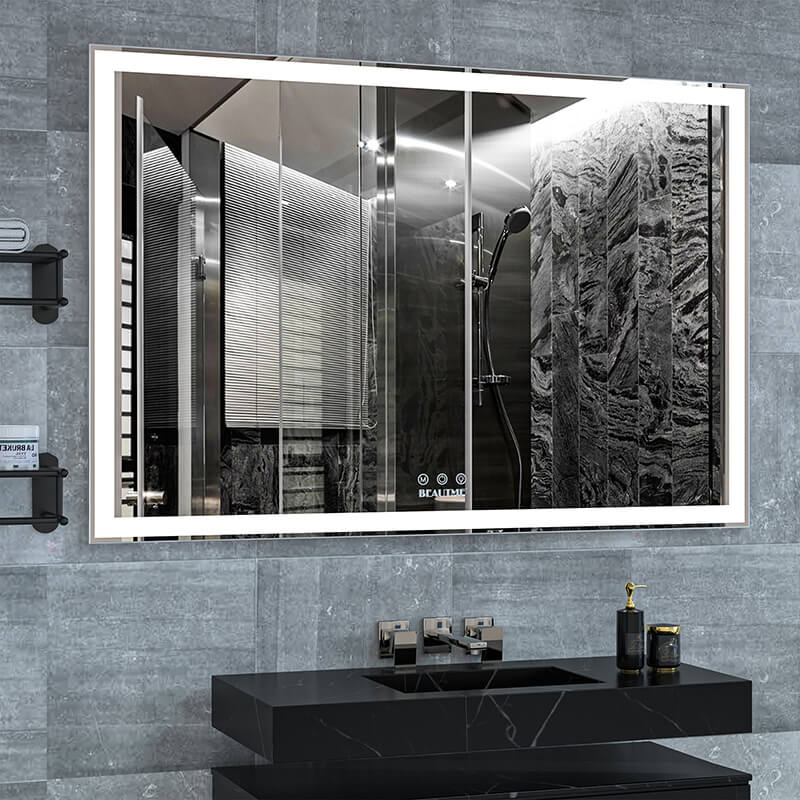 Modern LED bathroom mirror with silver frame, 3 color modes, and integrated lighting - Elirian